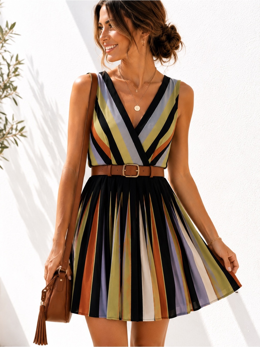 Kay Unger Pleated Fit & Flare Stripe V-Neck Dress Size 8